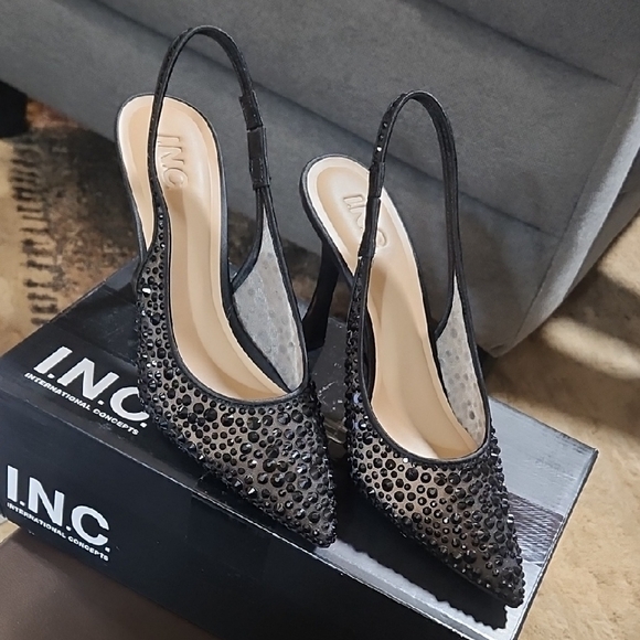 INC International Concepts Black Embellished Slingback Heels Gorgeous!